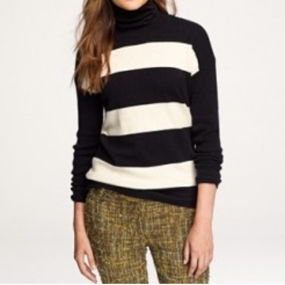 J. Crew | Cashmere Navy Ivory Rugby Stripe Turtleneck Sweater Size Small